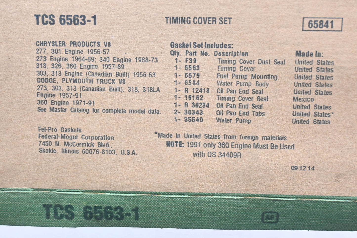 Fel-Pro TCS 6563-1 Timing Cover Gasket Kit NOS