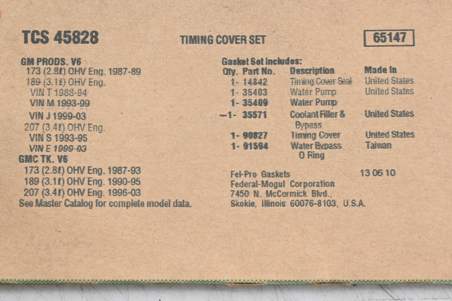 Fel-Pro TCS 45828, 45828 Timing Cover Gasket Kit NOS