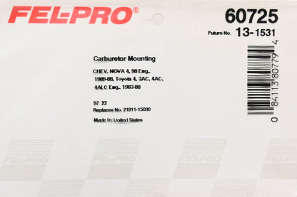 Fel-Pro 60725, 13-1531 Carburetor Mounting Gasket NOS
