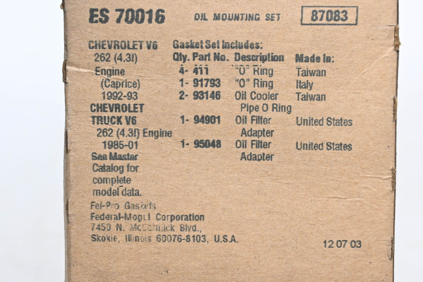 Fel-Pro ES 70016, 70016 Oil Cooler Gasket Kit NOS