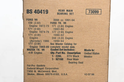 Fel-Pro BS 40419, 40419 Rear Main Bearing Gasket Kit NOS