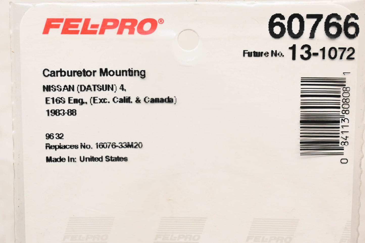 Fel-Pro 60766, 16076-33M20 Carburetor Mounting Gasket NOS