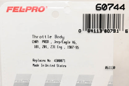 Fel-Pro 60744, 4300071 Fuel Injection Throttle Body Mounting Gasket NOS