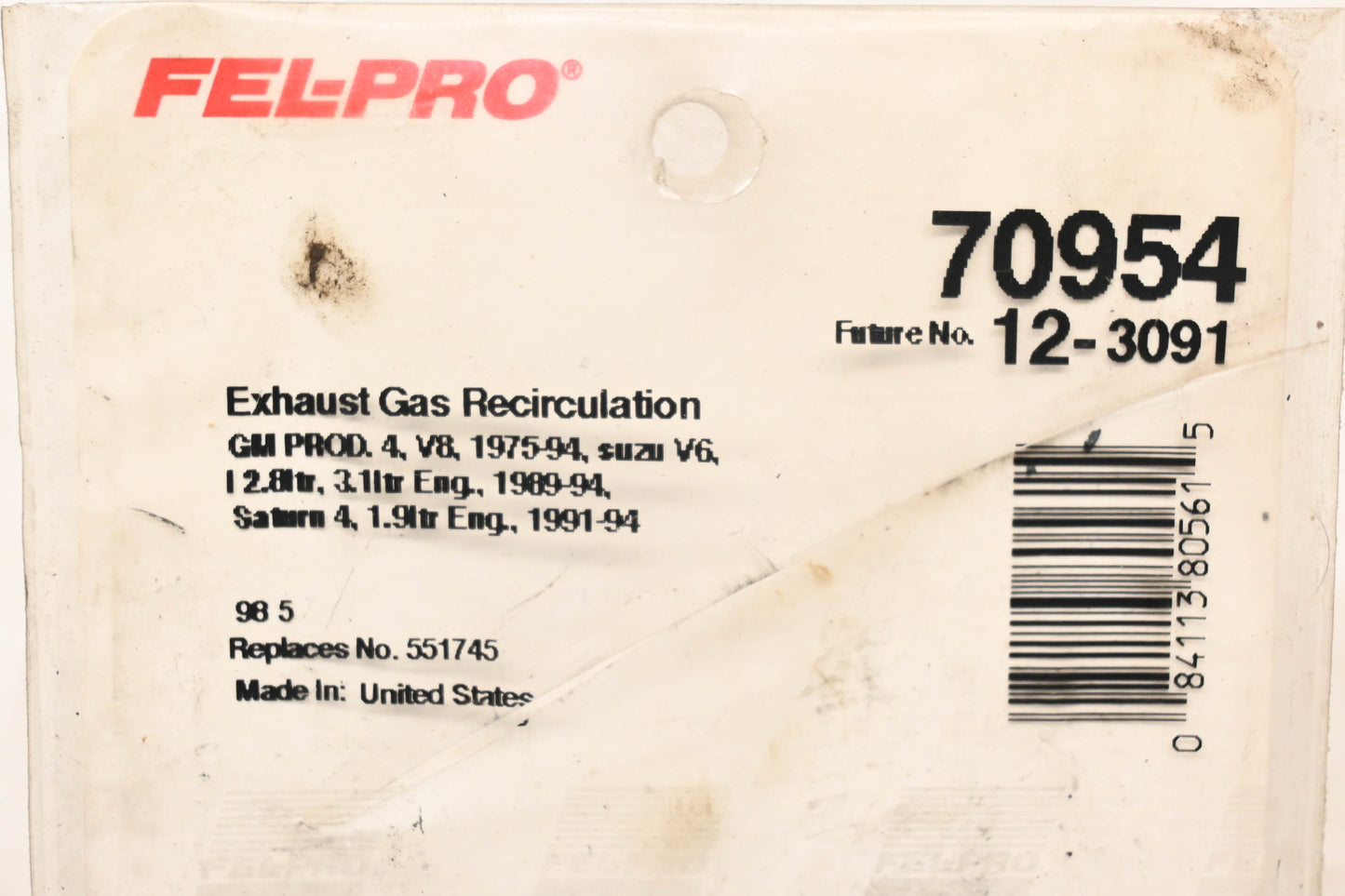 Fel-Pro 70954, 551745, 12-3091 EGR Valve Gasket NOS