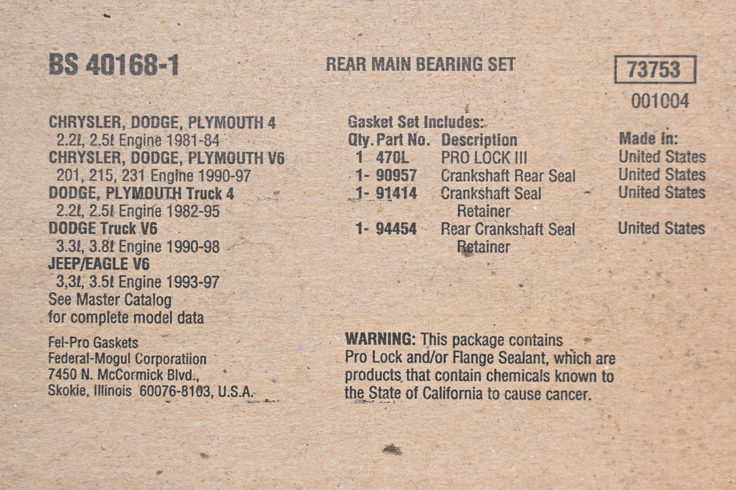 Fel-Pro BS 40168-1 Rear Main Bearing Seal Kit NOS