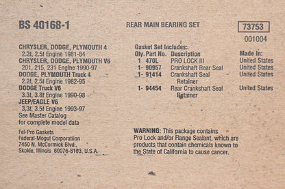 Fel-Pro BS 40168-1 Rear Main Bearing Seal Kit NOS