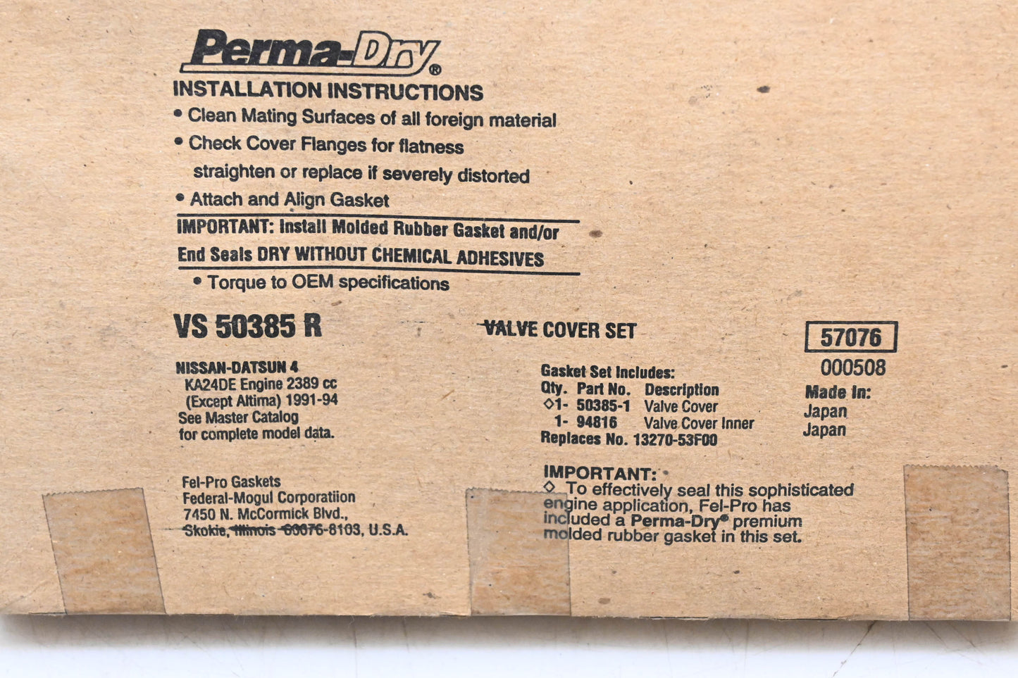 Fel-Pro VS 50385 R, 13270-53F00 Valve Cover Gasket Kit NOS