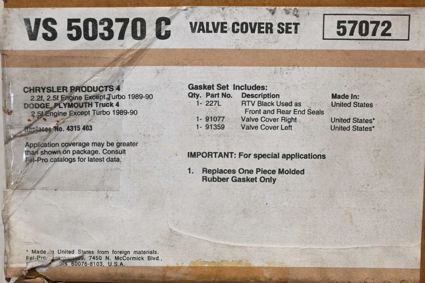 Fel-Pro VS 50370 C, 4315403 Valve Cover Gasket Kit NOS