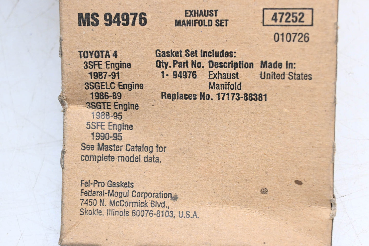 Fel-Pro MS 94976, 17173-88381 Exhaust Manifold Gasket NOS
