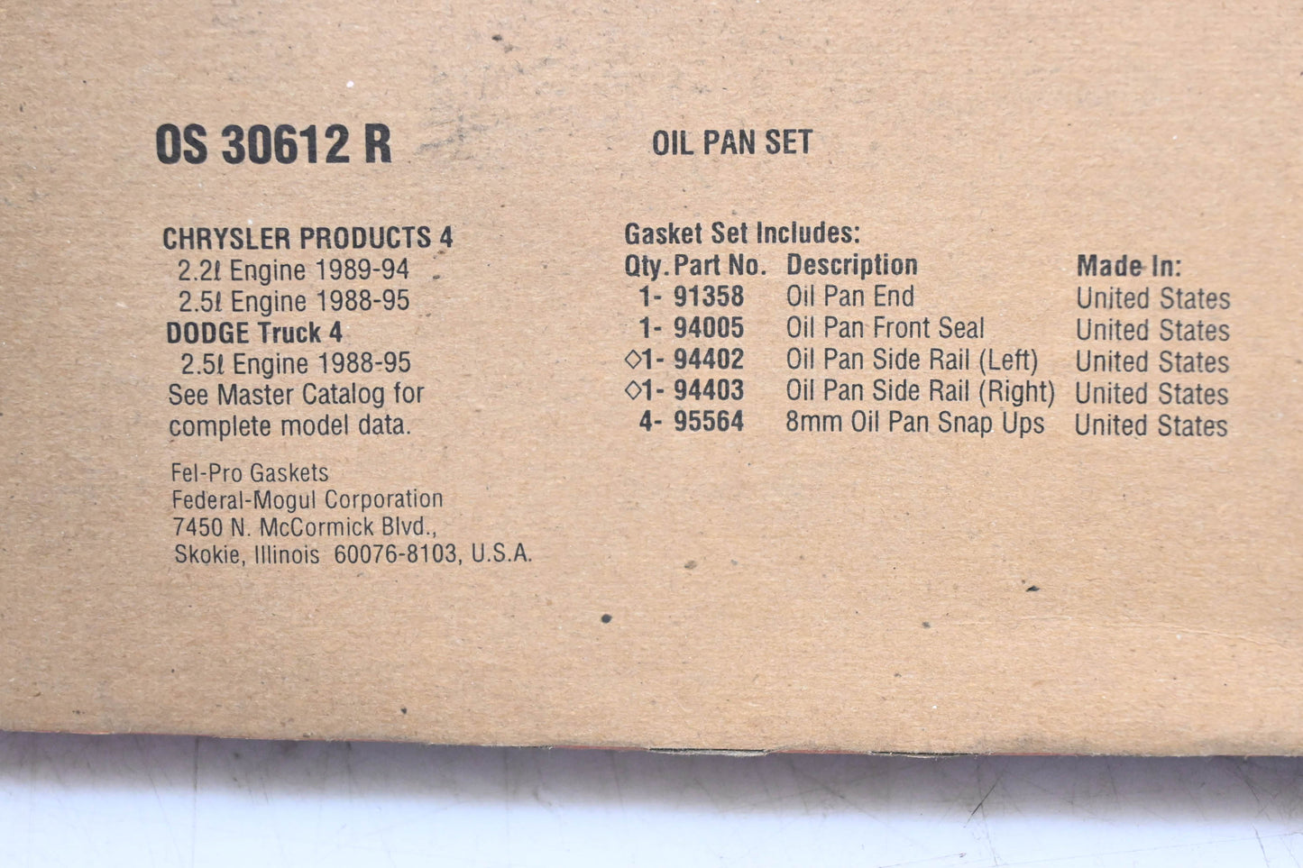Fel-Pro OS 30612 R Oil Pan Gasket Kit NOS