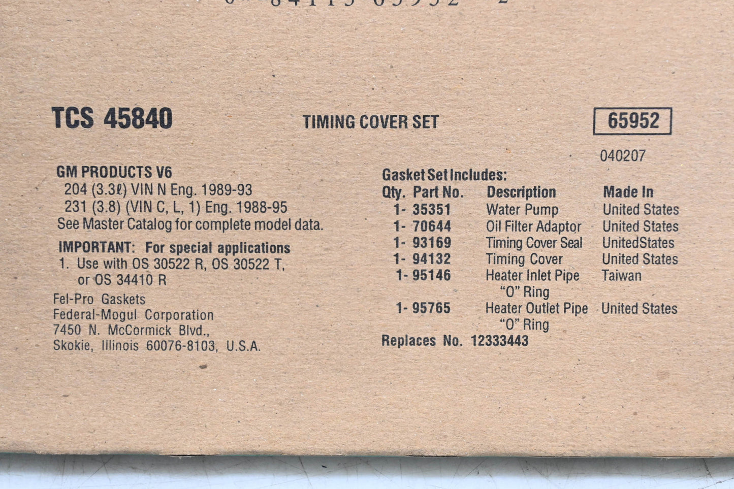 Fel-Pro TCS 45840, 12333443 Timing Cover Gasket Kit NOS
