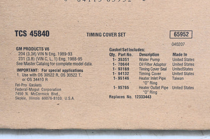 Fel-Pro TCS 45840, 12333443 Timing Cover Gasket Kit NOS