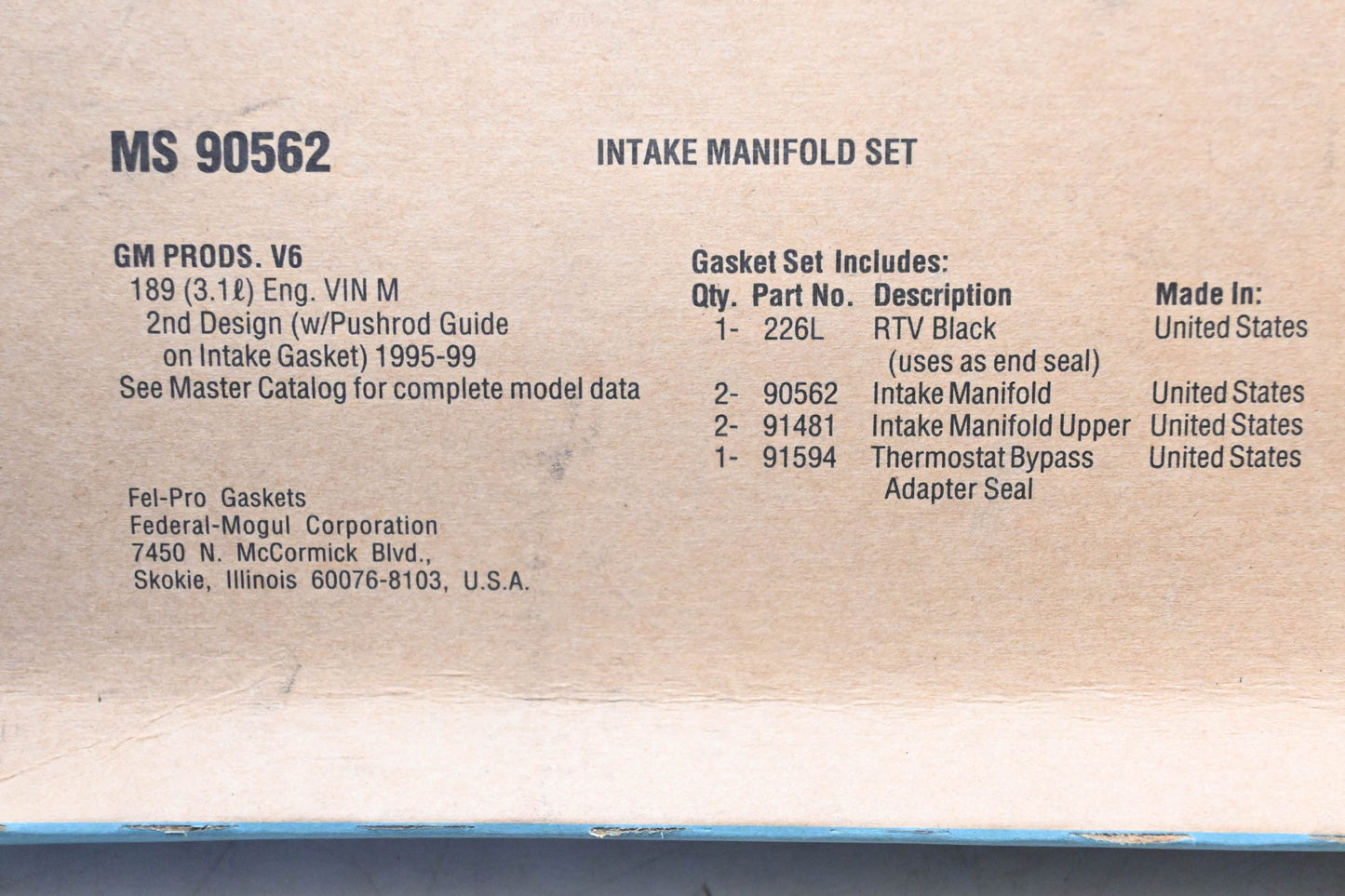 Fel-Pro MS 90562 Intake Manifold Gasket Kit NOS