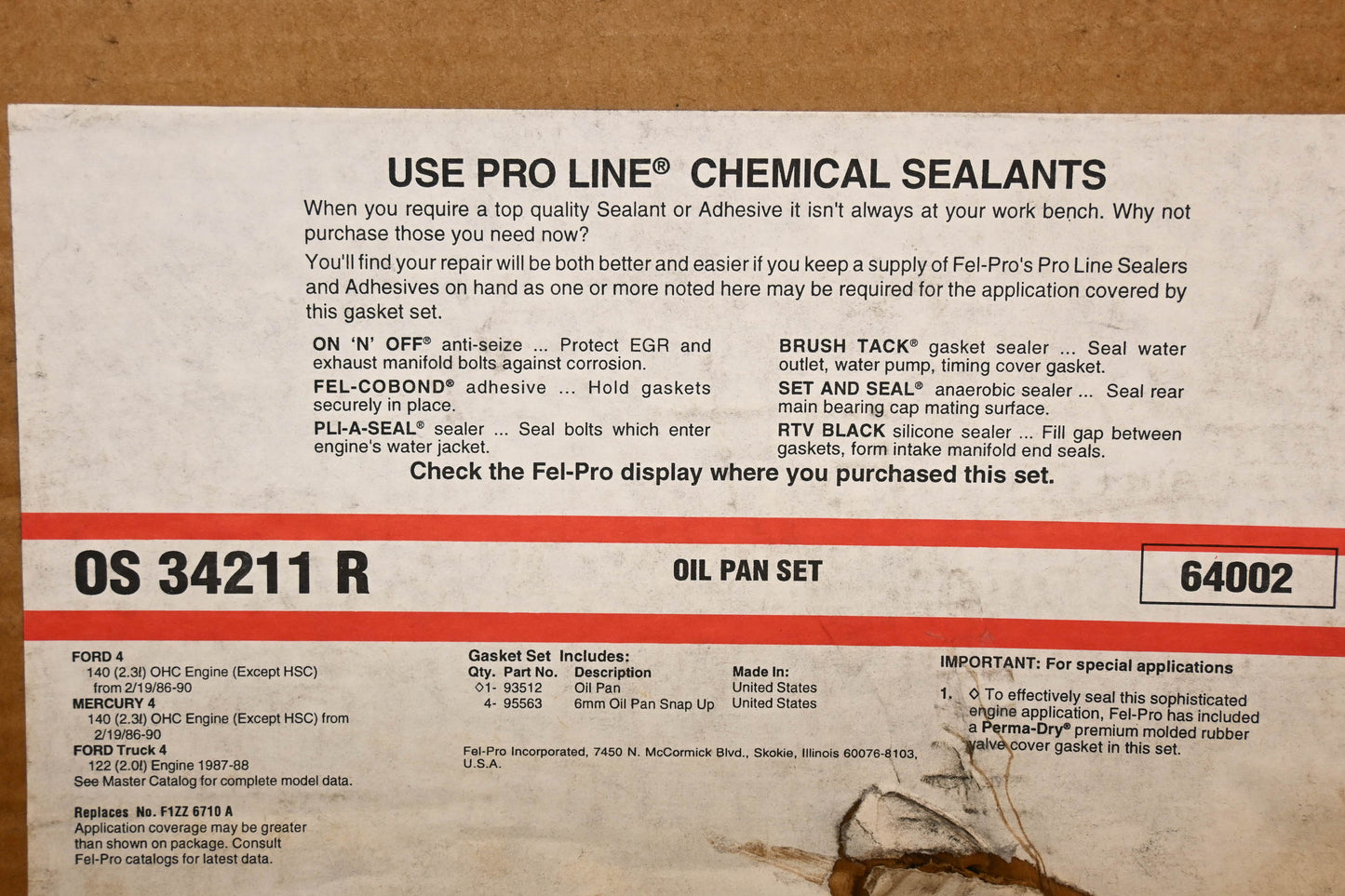 Fel-Pro OS 34211 R Oil Pan Gasket Kit NOS