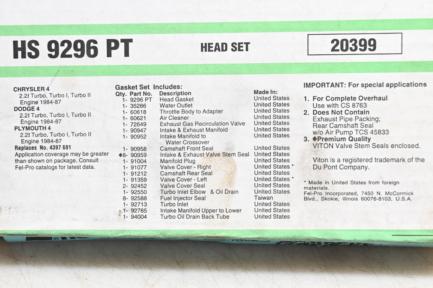 Fel-Pro HS 9296 PT Head Gasket Kit NOS