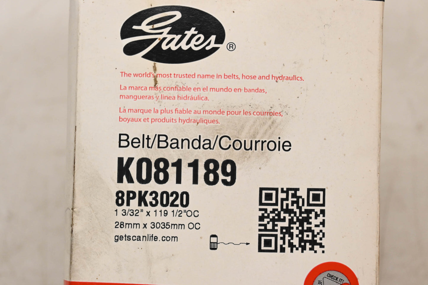 Gates K081189, 8PK3020 Micro-V Serpentine Belt NOS