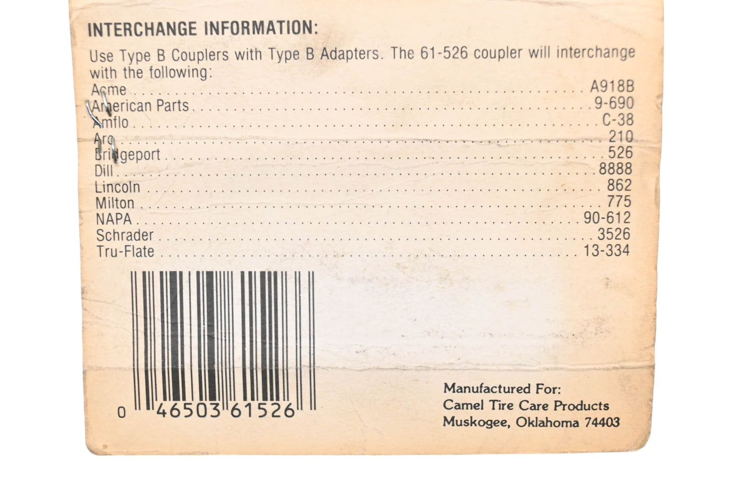 Camel 61-526 Type B Female Quick Coupler NOS