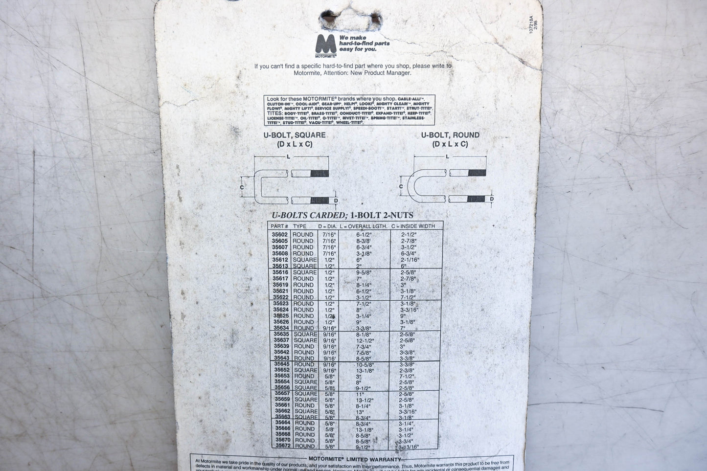Motormite 35643 U-Bolt Kit NOS