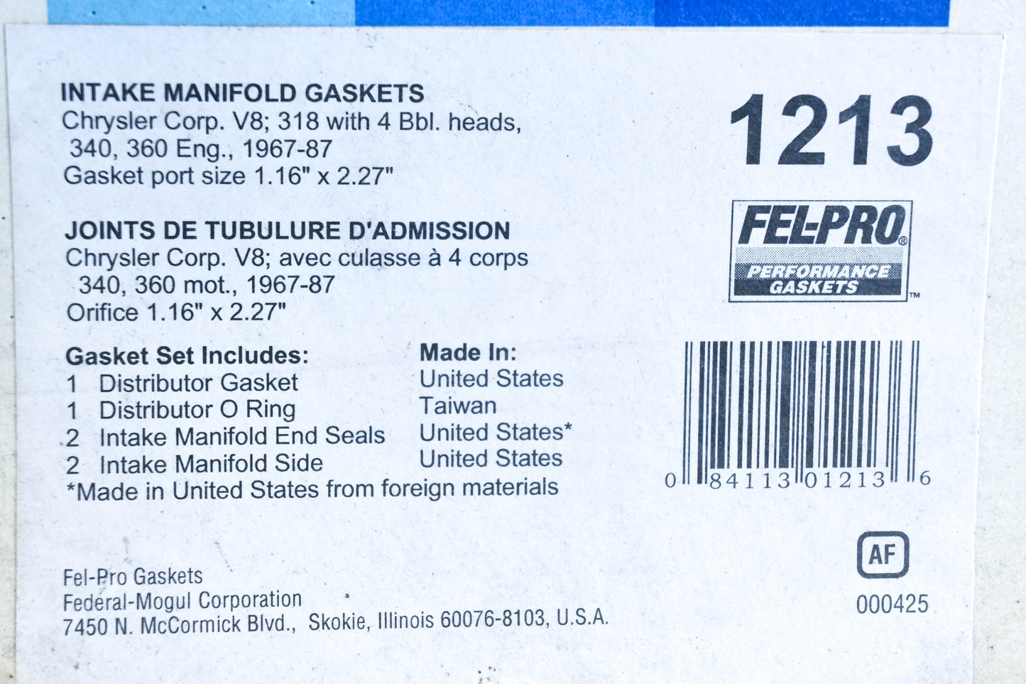 Fel-Pro 1213 Intake Manifold Gasket Kit NOS