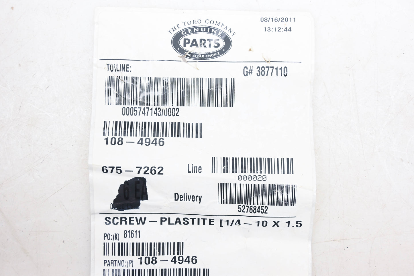 Toro 108-4946 Plastite Screw NOS
