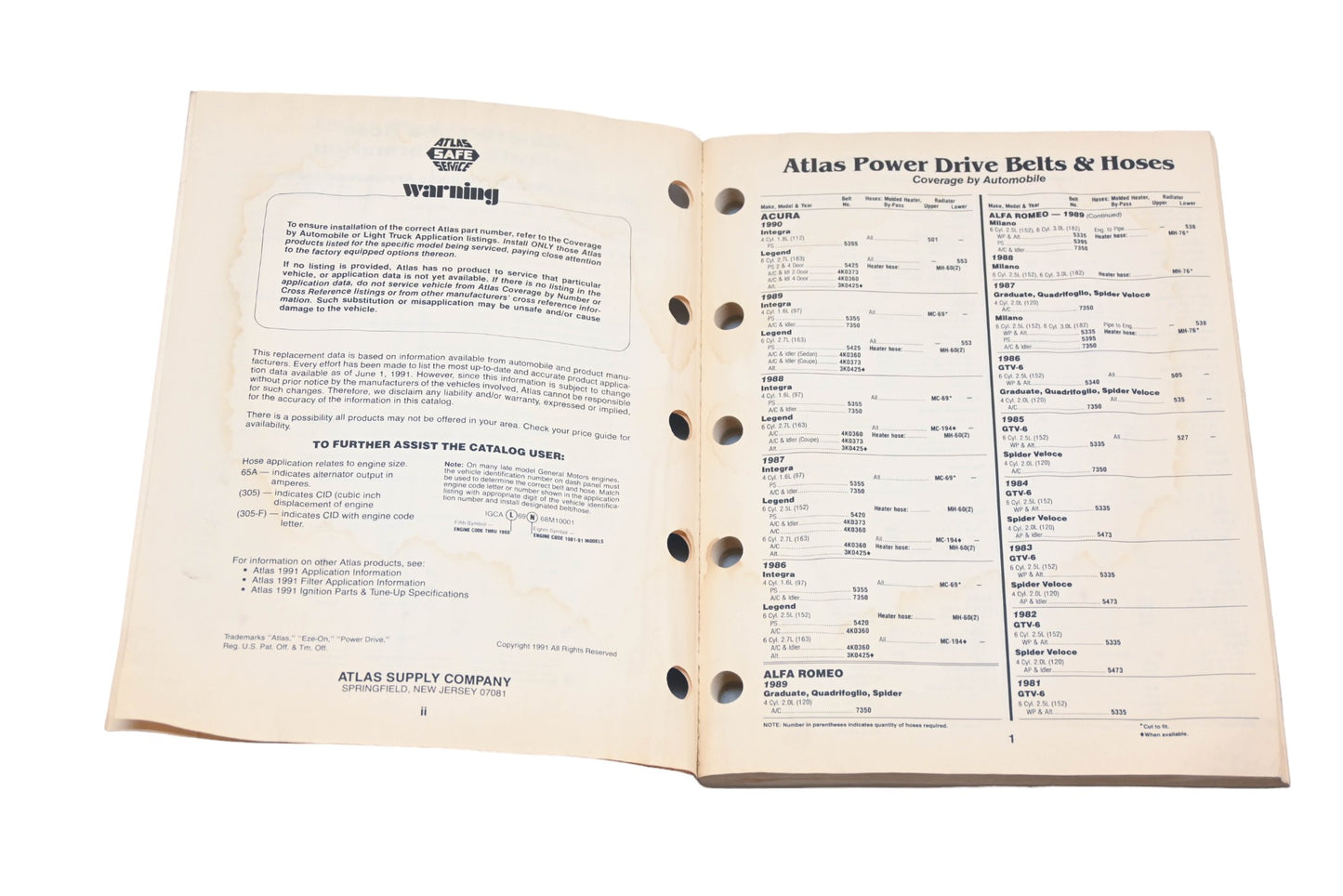 Atlas 2334 (8-91), 2334 1991 Belt & Hose application Information Catalog
