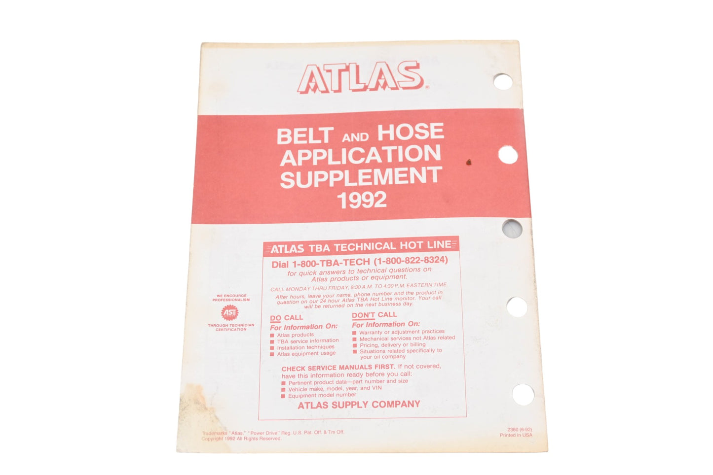 Atlas 2360 (6-92), 2360 1992 Belt & Hose Application Supplement