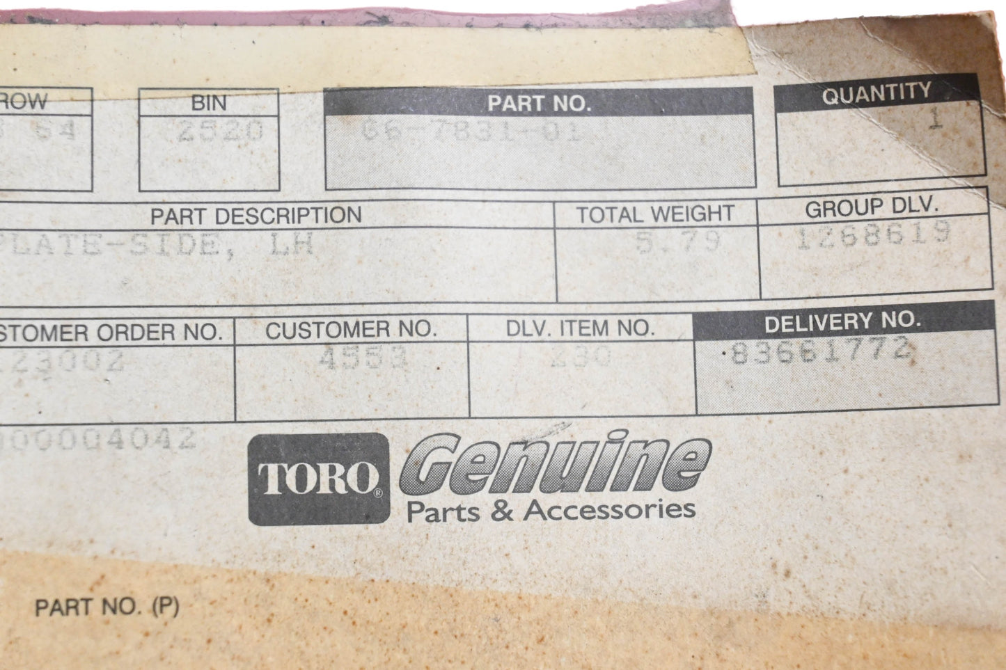 Toro 66-7831-01 Side Plate LH NOS