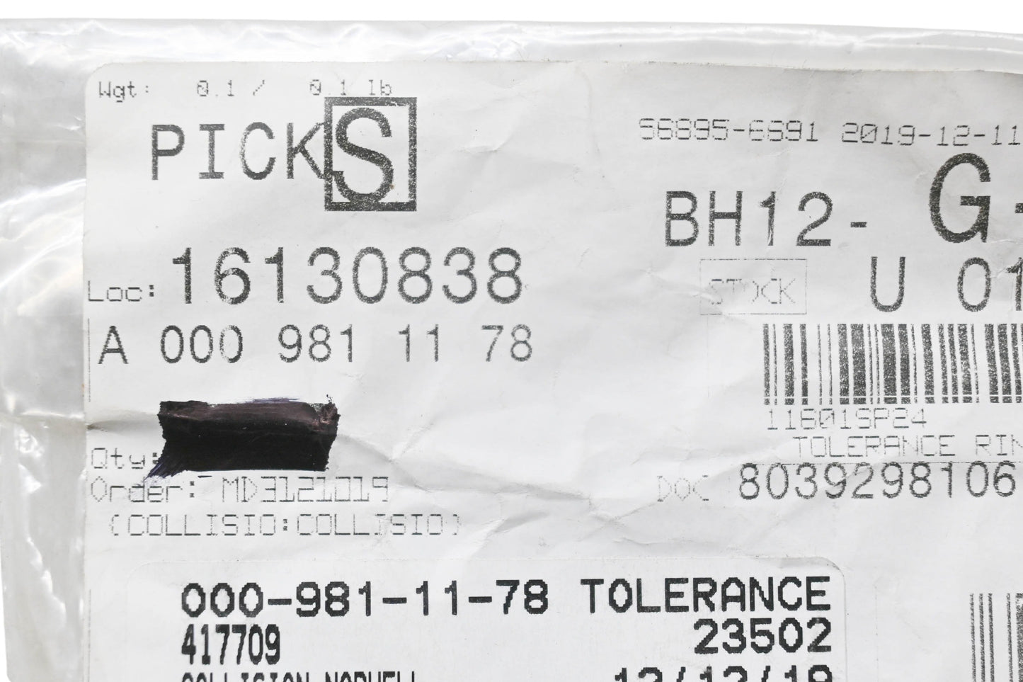 New OEM Mercedes-Benz 000 981 11 78 Tolerance Ring NOS