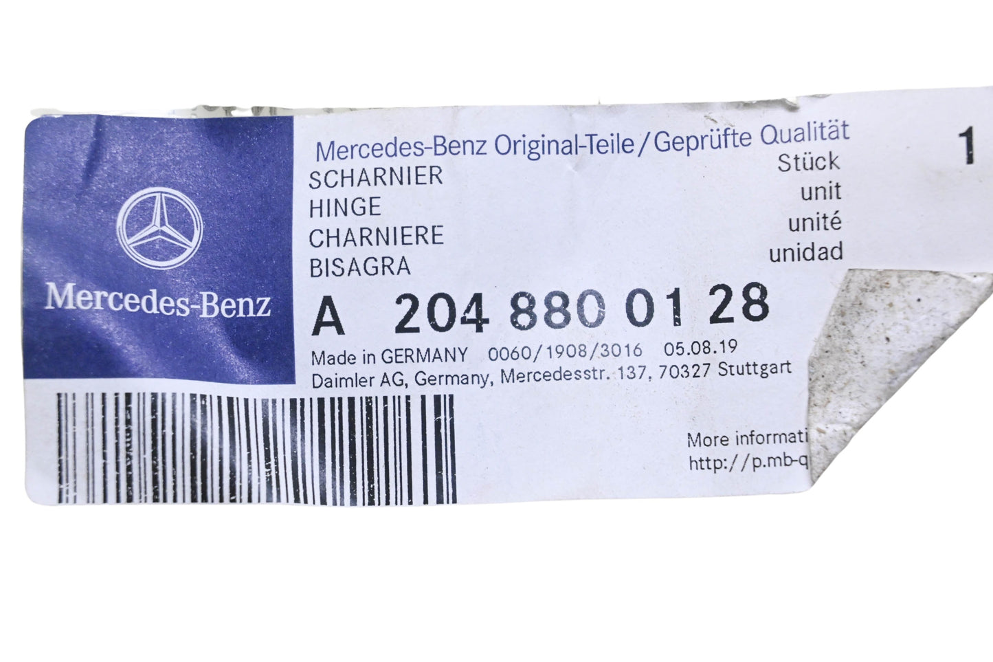 New OEM Mercedes-Benz 204 880 01 28 Hood Hinge NOS