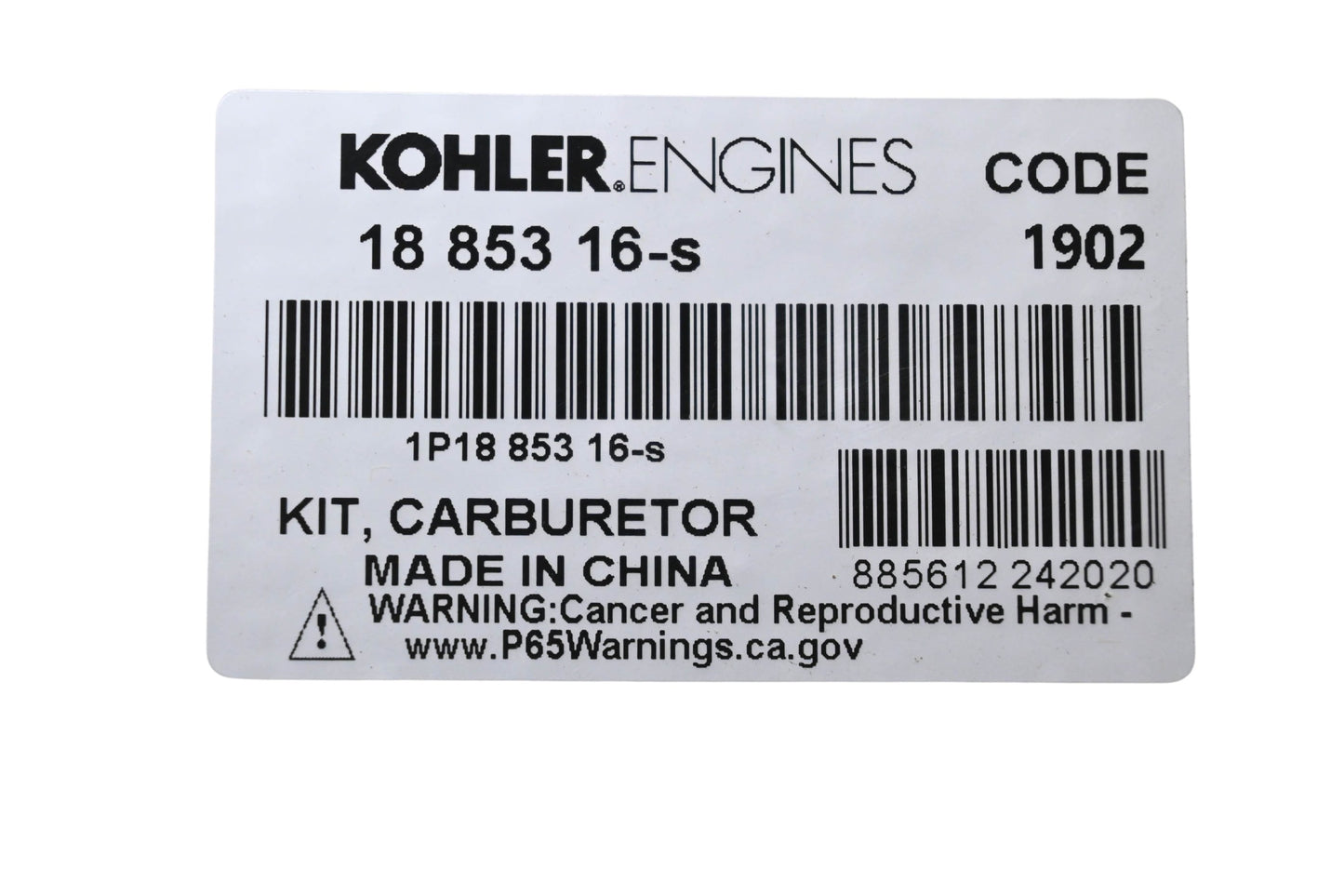 Kohler 18 853 16-S Carburetor Kit NOS