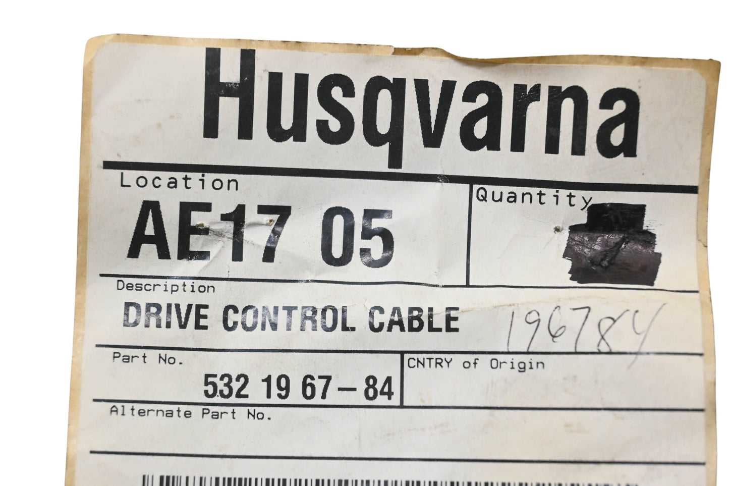 New OEM Husqvarna 532 19 67-84, 532196784 Drive Control Cable NOS