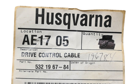 New OEM Husqvarna 532 19 67-84, 532196784 Drive Control Cable NOS