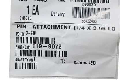 Toro 119-9072 Attachment Pin NOS