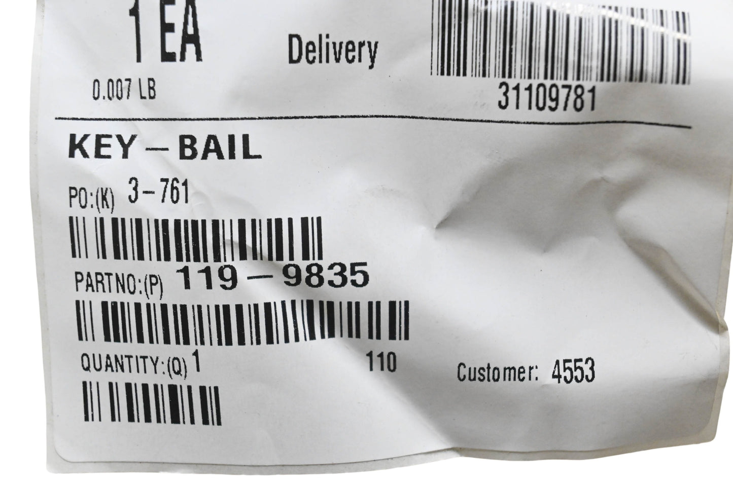 Toro 119-9835 Bail Key NOS
