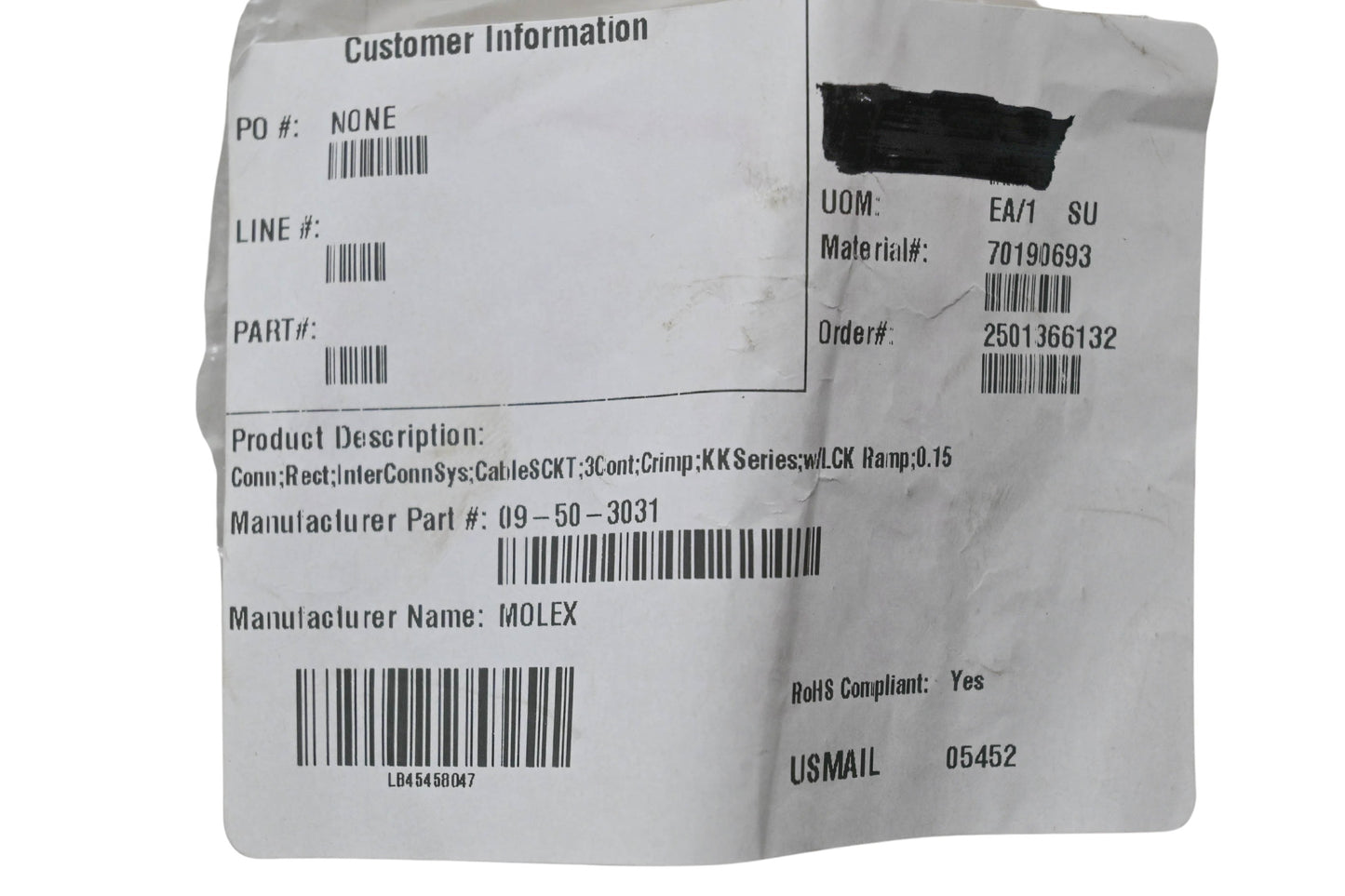 Molex 09-50-3031 Crimp Terminal Housings Qty 4 NOS