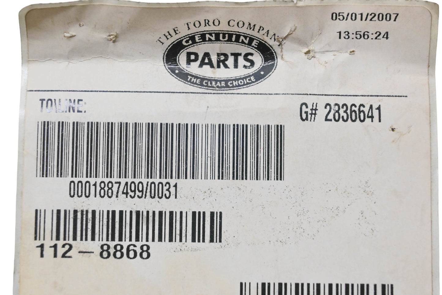 Toro 112-8868 Washout Port Decal NOS