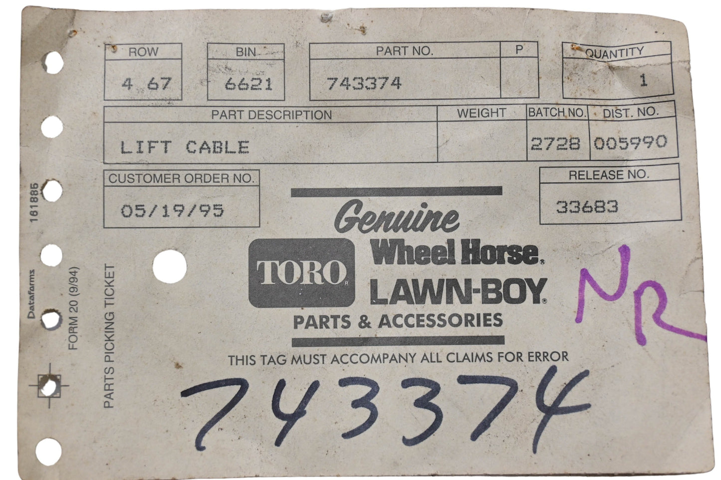 Toro 743374 Lift Cable NOS