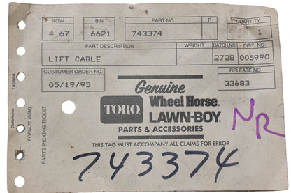 Toro 743374 Lift Cable NOS
