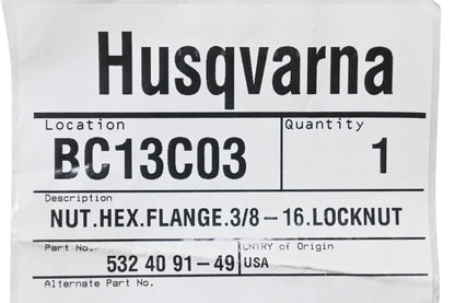 New OEM Husqvarna 532 40 91-49 Nut NOS
