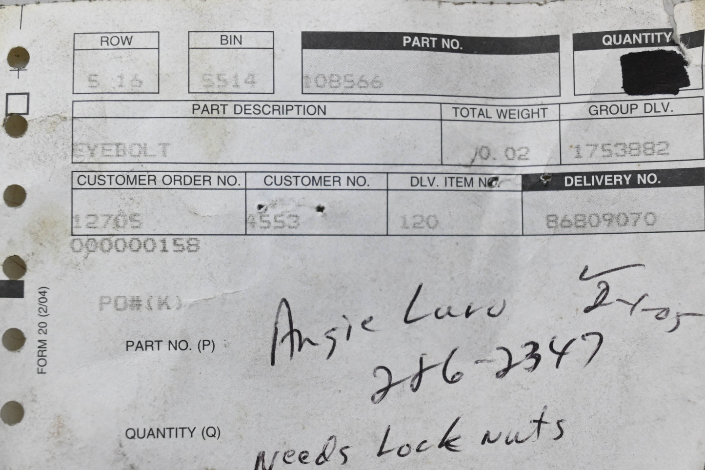 Toro 108566 Eyebolts Qty 2 NOS
