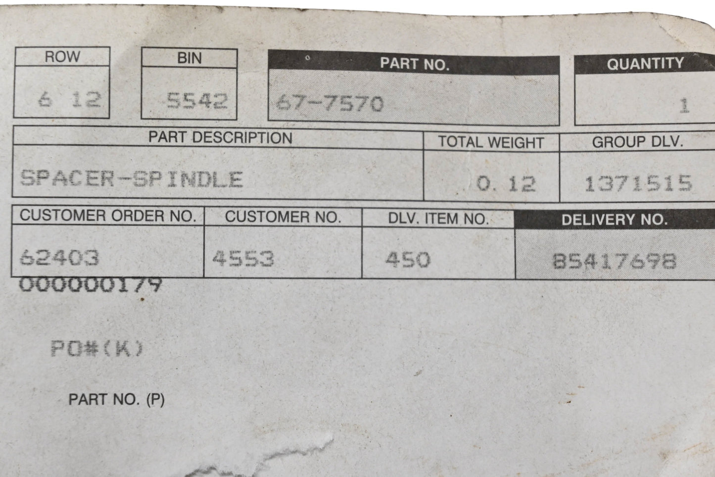 Toro 67-7570 Spindle Spacer NOS