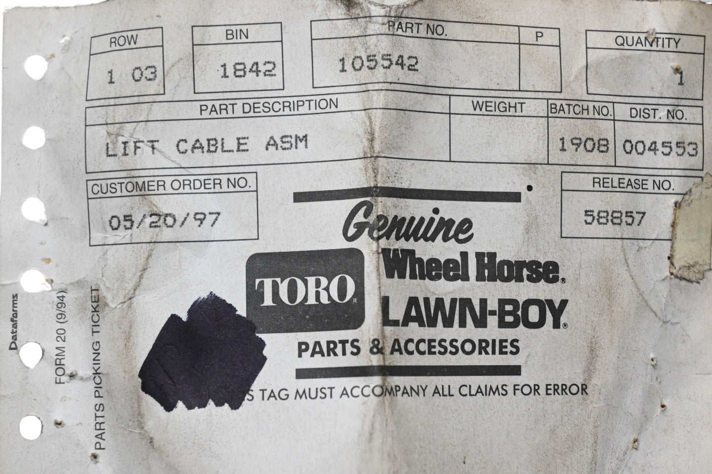 Toro 105542 Lift Cable Assembly NOS