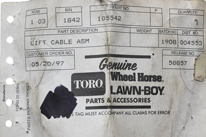 Toro 105542 Lift Cable Assembly NOS
