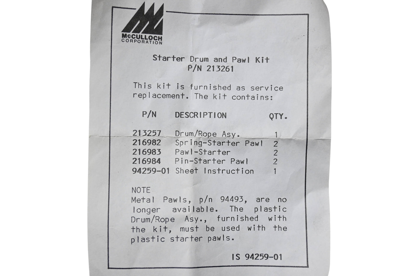 McCulloch 213261 Starter Drum & Pawl Kit NOS