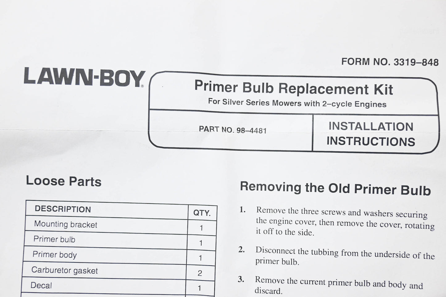 Toro 98-4481 Primer Bulb Kit NOS