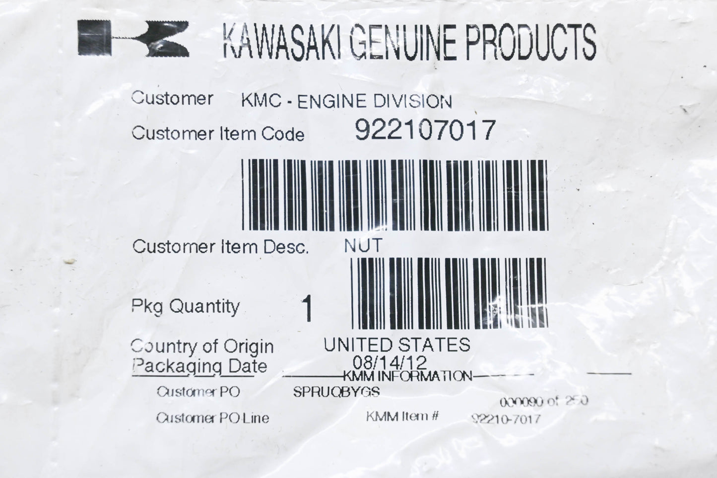New OEM Kawasaki 922107017 Nut NOS