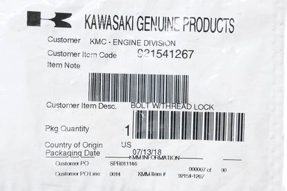 New OEM Kawasaki 921541267 Bolt & Thread Lock NOS