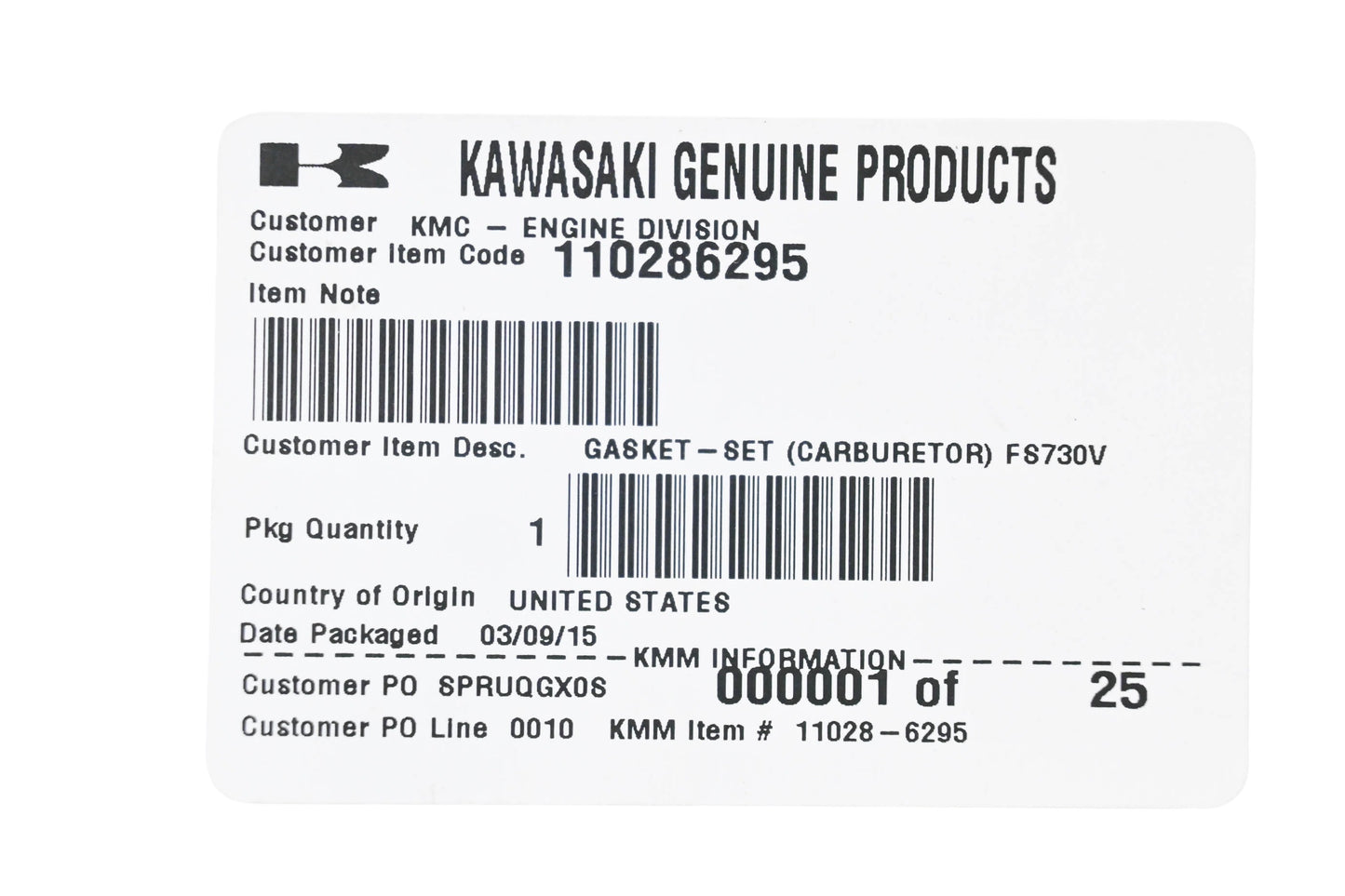 New OEM Kawasaki 110286295 Carburetor Gasket Kit NOS