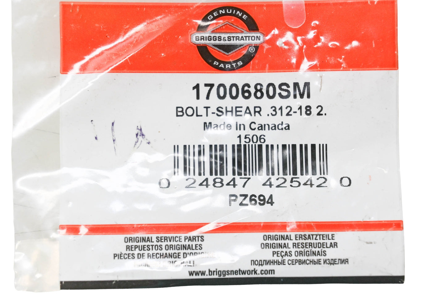 New OEM Briggs & Stratton 1700680SM Shear Bolt NOS