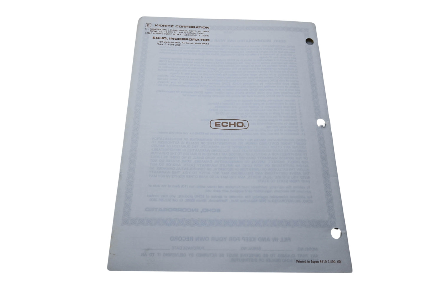 Kioritz Corporation 898 561-2433 2 Echo Operator's Manual Trimmer Brush Cutter SRM-300AE SRM-300AE/1